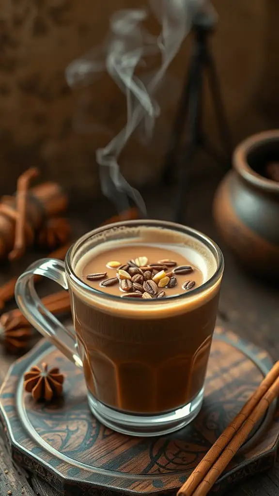 A steaming cup of honey cardamom coffee in a minimalist setting, with cardamom pods scattered around and a honey dipper resting beside the cup.