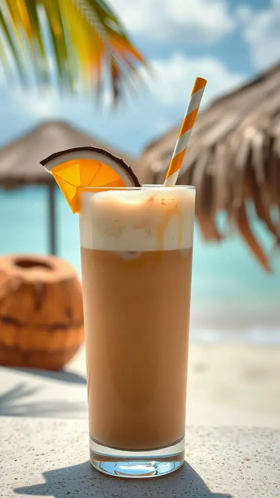 A tall glass of honey coconut iced coffee with coconut flakes and honey swirls, set against a tropical background with palm leaves and coconuts.