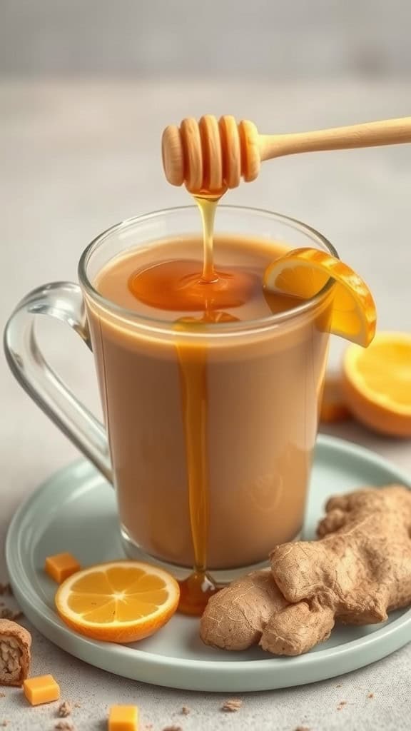 A warm honey ginger coffee in a glass mug, garnished with a ginger slice and honeycomb, with ginger root and a honey dipper beside.