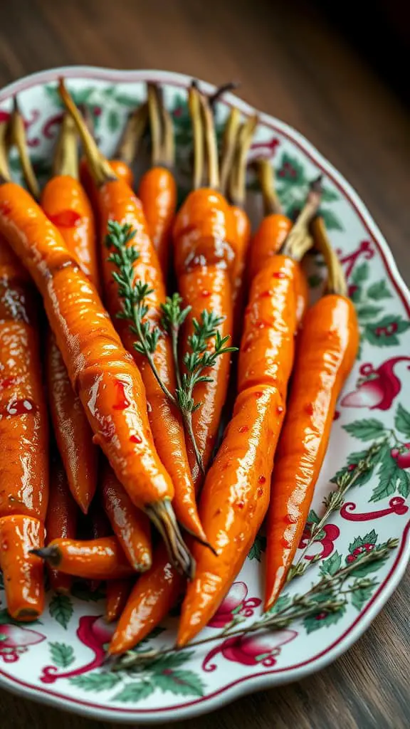 A plate of honey glazed carrots garnished with thyme.