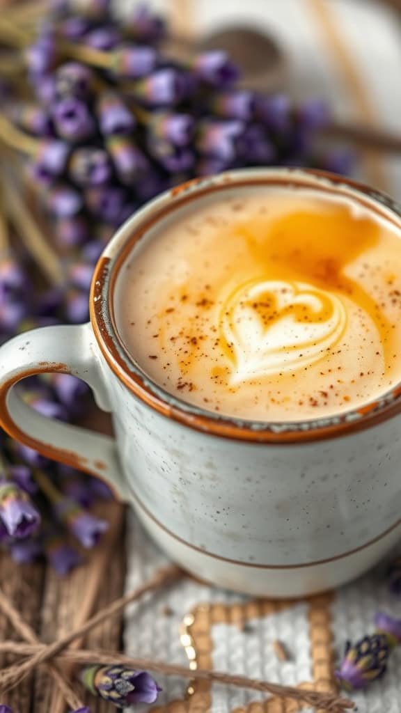 A cup of Honey Lavender Chai Latte topped with a heart-shaped foam design, surrounded by lavender flowers.