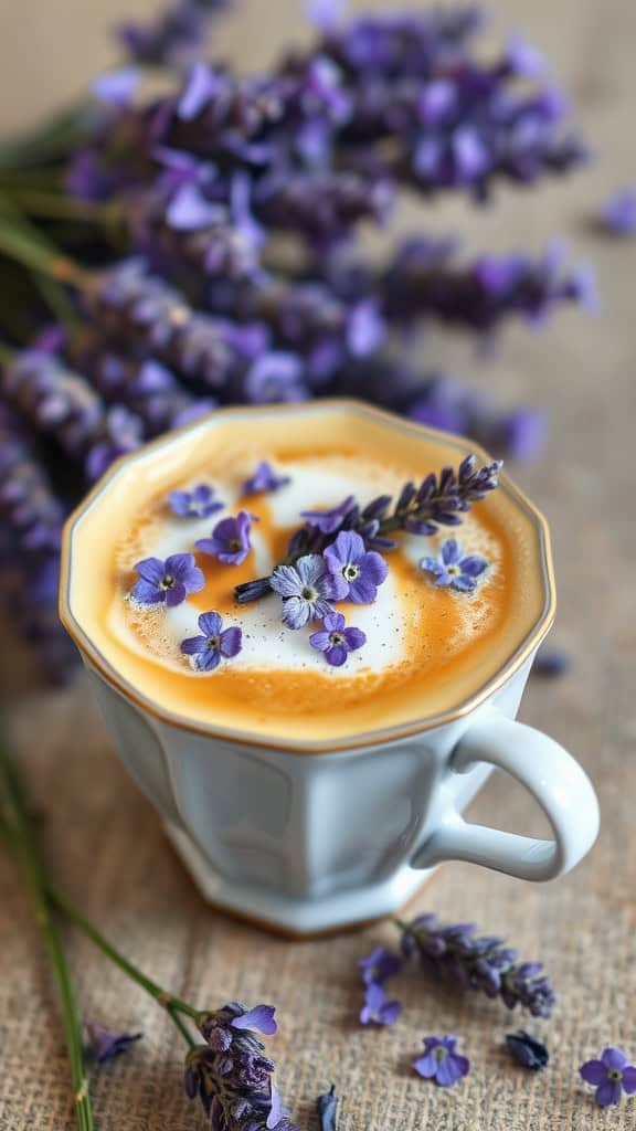 A frothy honey lavender latte in a clear glass, with a sprig of fresh lavender resting on the saucer and honeycomb pieces nearby.