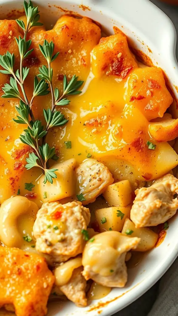 A delicious Honey Mustard Chicken and Potato Bake featuring golden cheese, tender chicken, and soft potatoes garnished with fresh herbs.