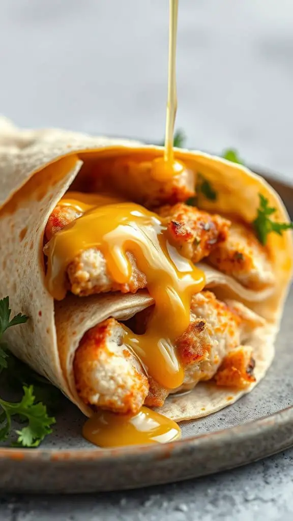 Delicious honey mustard chicken wrap with melted cheese and cilantro