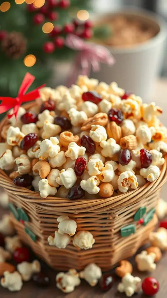 A basket filled with honey roasted peanut popcorn, dried cranberries, and nuts, set against a festive background.