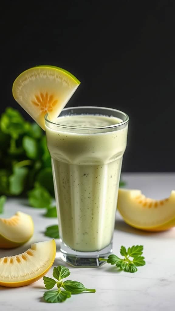 A refreshing honeydew melon smoothie in a glass, garnished with a slice of melon, surrounded by melon slices and leaves.