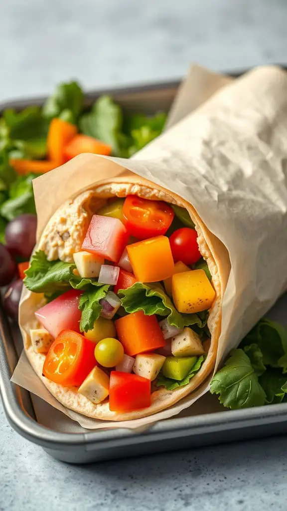 A colorful hummus and veggie wrap featuring fresh vegetables like tomatoes, bell peppers, and lettuce, wrapped in a tortilla.