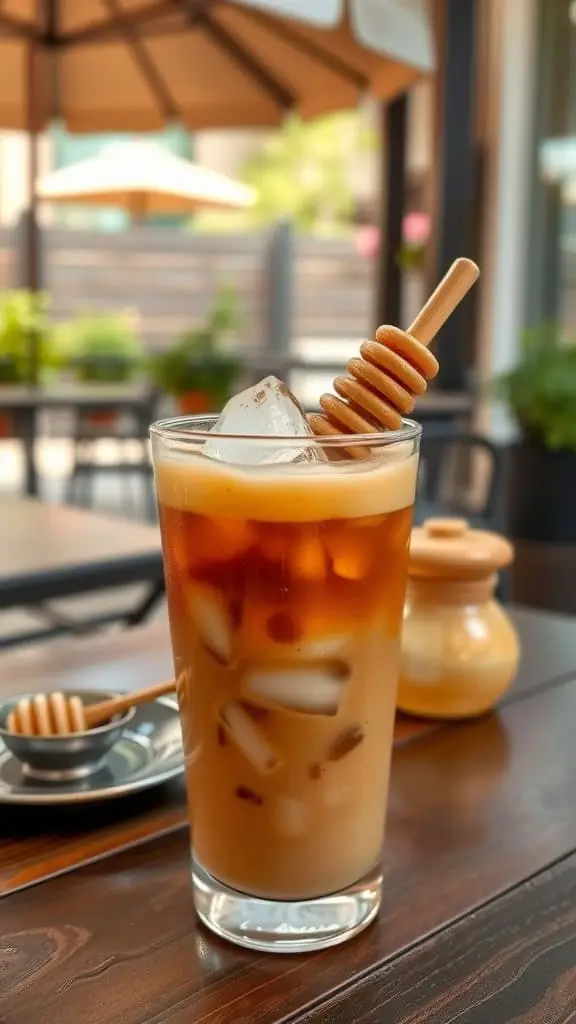 A tall glass of iced honey coffee with ice cubes glistening in sunlight, garnished with a honey drizzle.