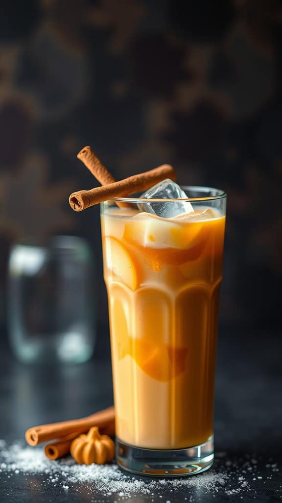 A refreshing iced pumpkin spice latte with cinnamon sticks and decorative pumpkin on top, served in a tall glass.