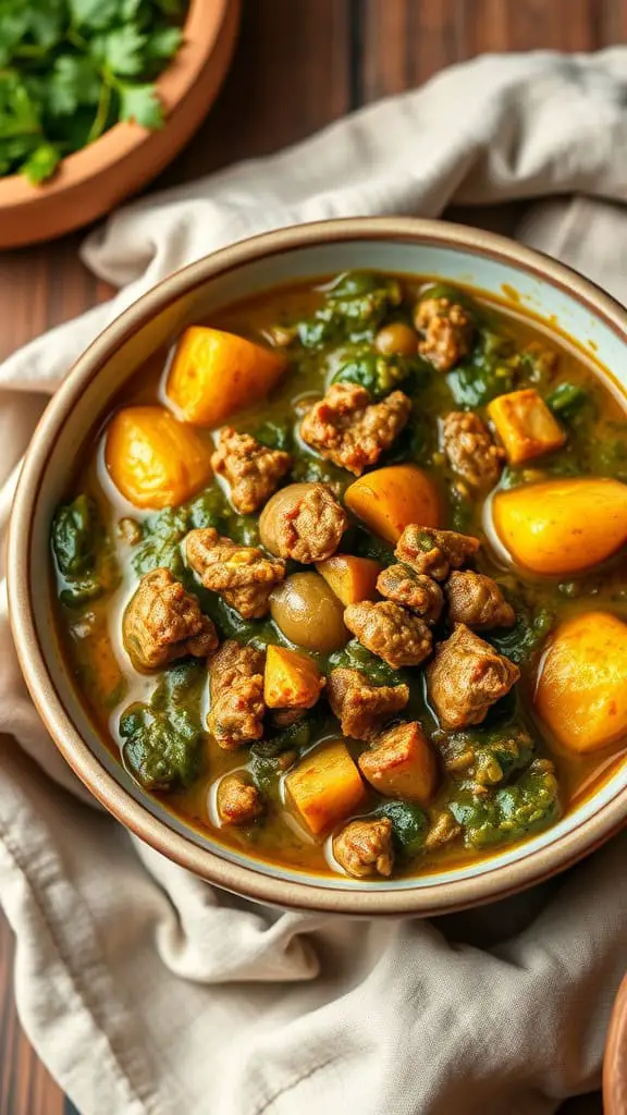 A bowl of Indian spiced beef and potato saag with greens, served alongside fresh cilantro.