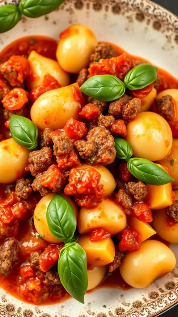 A plate of potato gnocchi topped with ground beef and tomato sauce, garnished with fresh basil leaves.