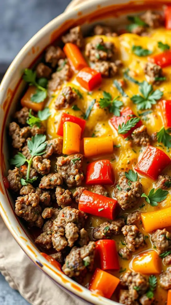 A dish featuring ground beef and colorful bell peppers, topped with herbs and cheese.