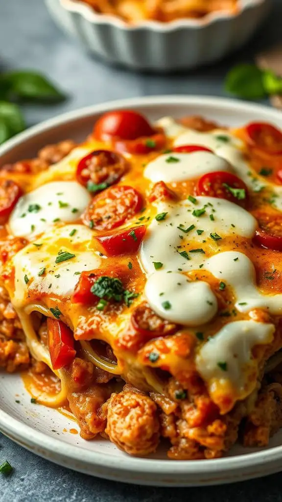 A plate of Italian Herb Turkey Burger Bake with melted cheese and colorful vegetables.