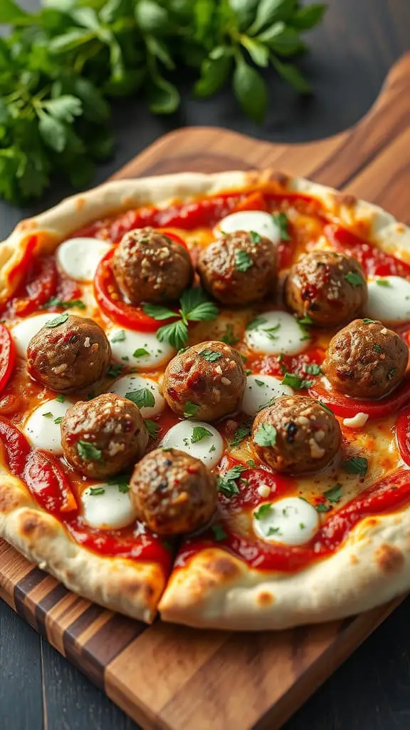 A delicious Italian Meatball Pizza topped with meatballs, mozzarella, and herbs on a wooden cutting board.