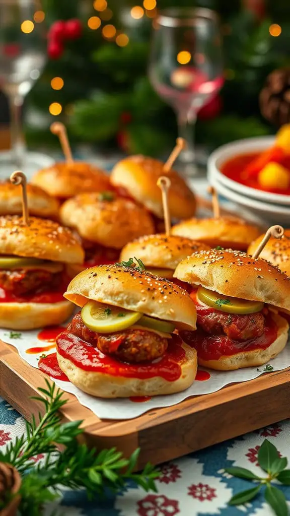 A platter of Italian meatball sliders with marinara sauce and pickles, set against a festive background.