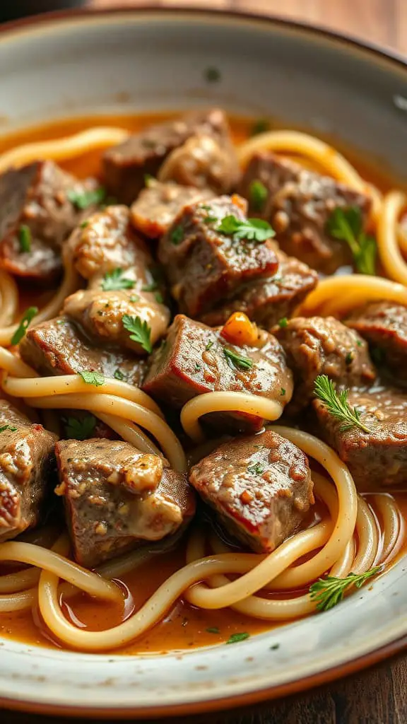 Italian Style Beef Stroganoff with pasta and chunks of beef in a creamy sauce