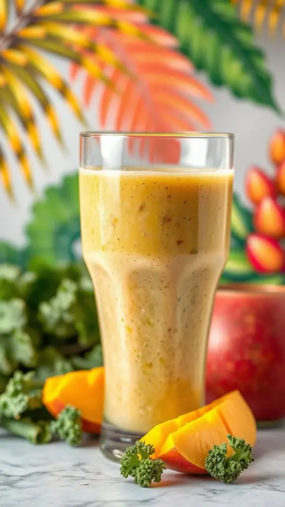 A glass of smoothie made with kale and mango, surrounded by fresh ingredients.