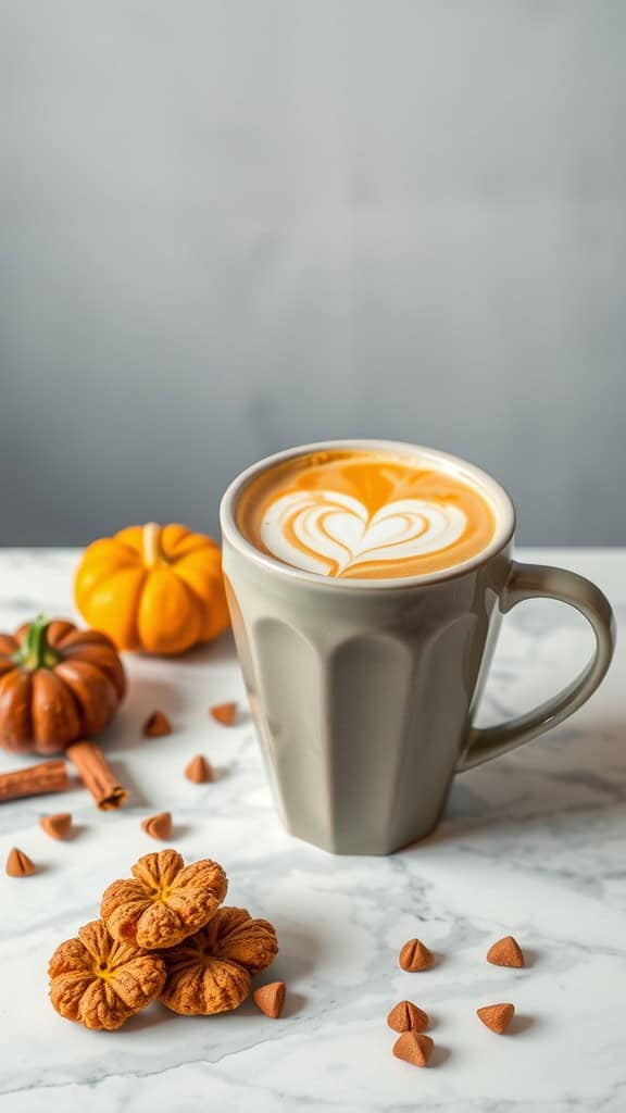 A cozy cup of Pumpkin Spice Latte with a heart design, surrounded by festive autumn elements like pumpkins and cookies.