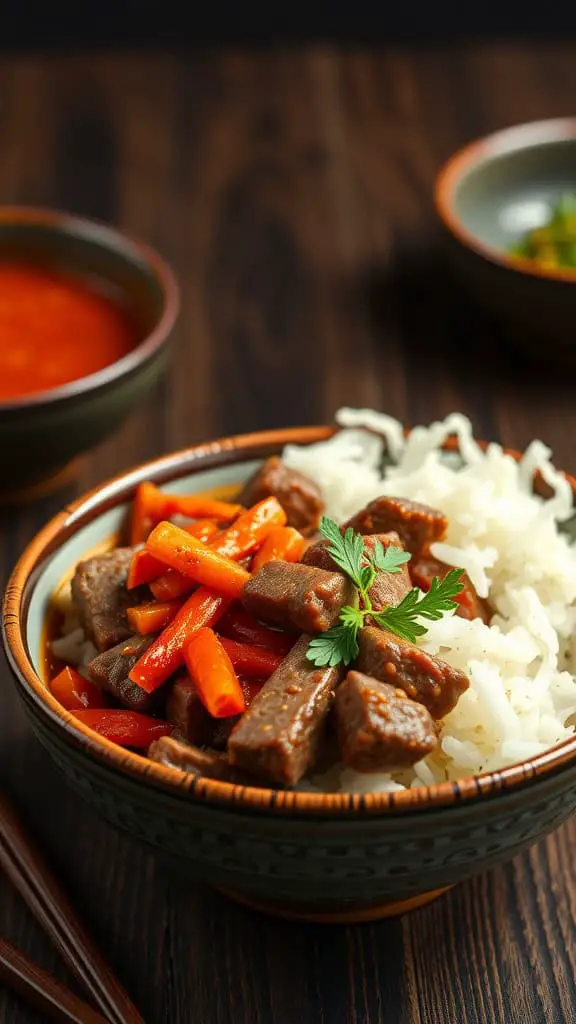 A bowl of Kimchi Beef Rice Bowl with beef pieces, carrots, and rice, served with dipping sauce