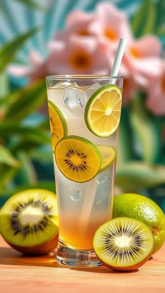 A refreshing glass of Kiwi Lime Sparkler with slices of kiwi and lime, surrounded by whole kiwis on a wooden table.