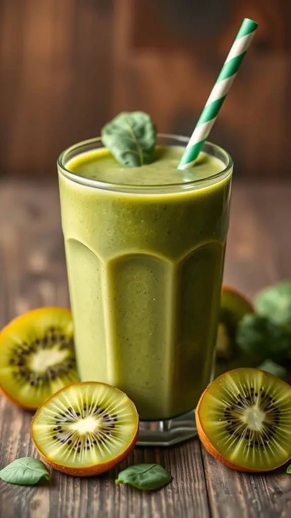 A refreshing green smoothie made with kiwi and spinach, garnished with a green and white striped straw.