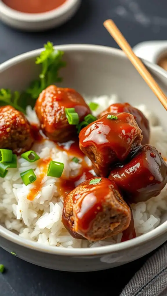 A bowl of Korean BBQ meatballs served over rice with a glossy sauce and green onions on top.