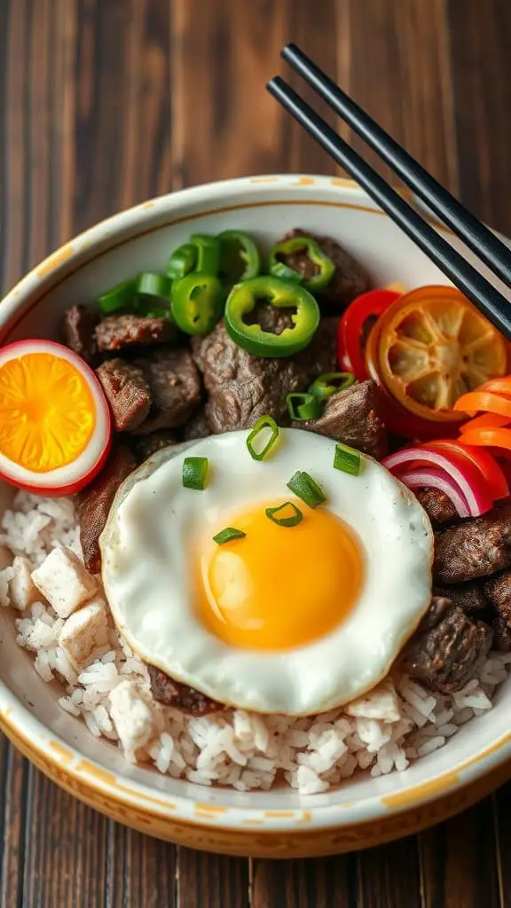 A delicious Korean Beef Bulgogi Rice Bowl featuring marinated beef, a fried egg, and colorful vegetables on rice.