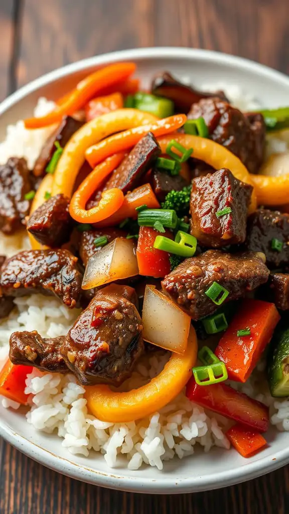 A colorful serving of Korean Beef Bulgogi with vegetables over rice.