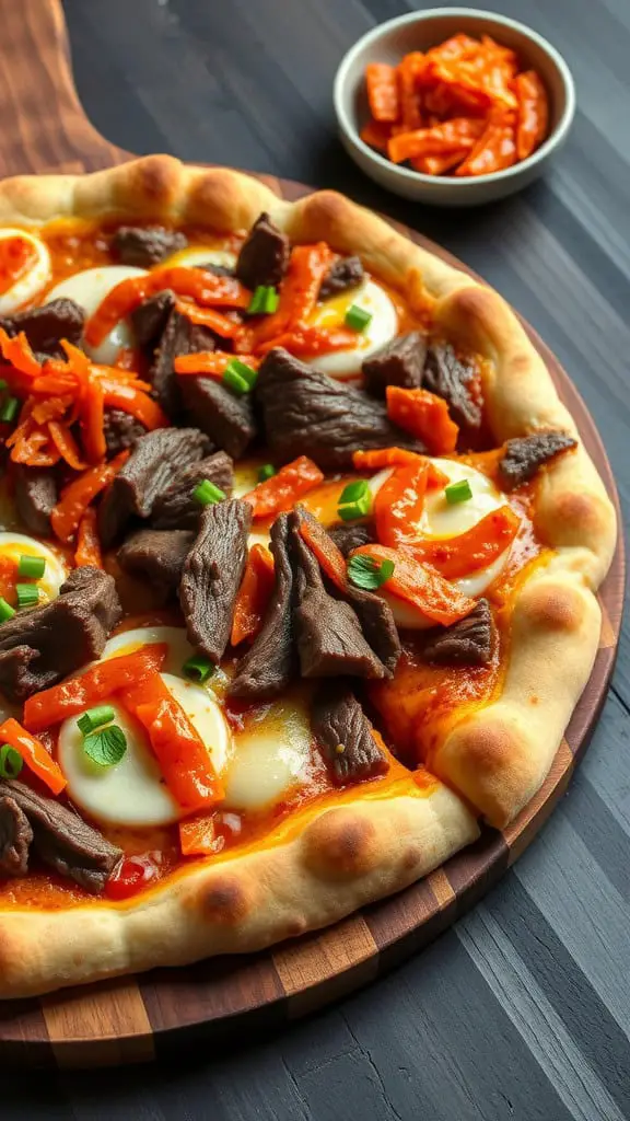 A delicious Korean Beef Kimchi Pizza topped with beef, cheese, and colorful vegetables, served with a side of pickled kimchi.