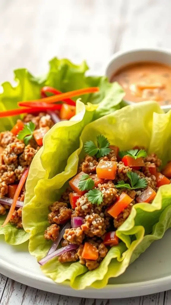 Korean beef lettuce wraps filled with minced beef, colorful vegetables, and garnished with herbs, served with a dipping sauce.