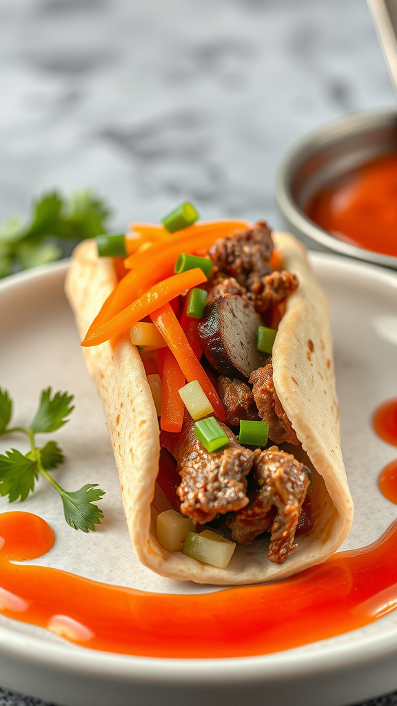 A pita pocket filled with seasoned beef, bell peppers, and green onions, drizzled with sauce.