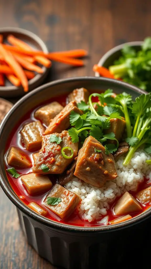 A bowl of Korean spicy beef served over rice, garnished with cilantro, green onions, and accompanied by carrot sticks.