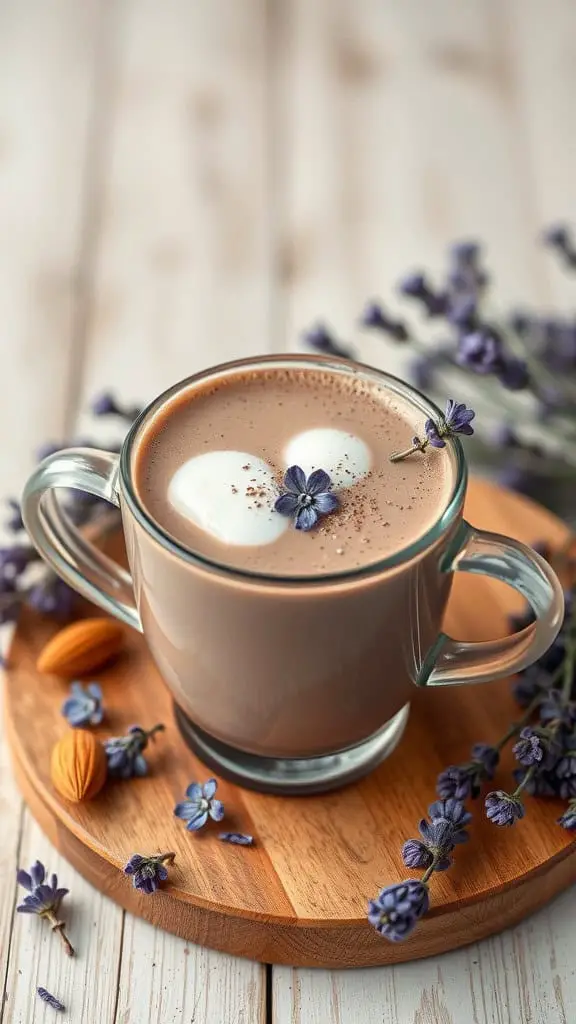 A cup of Lavender Almond Hot Chocolate with froth and lavender flowers on top.