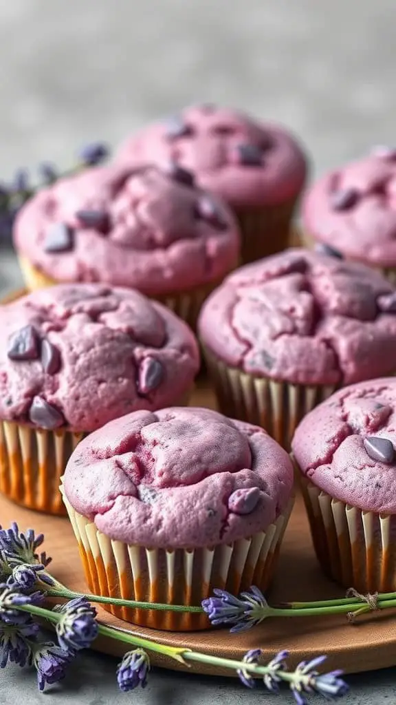 Lavender Banana Muffins with chocolate chips on a wooden platter