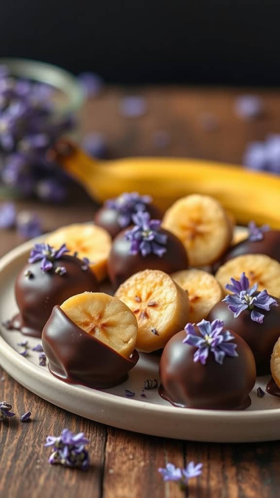 A plate of lavender infused dark chocolate bites with banana slices, decorated with lavender flowers.