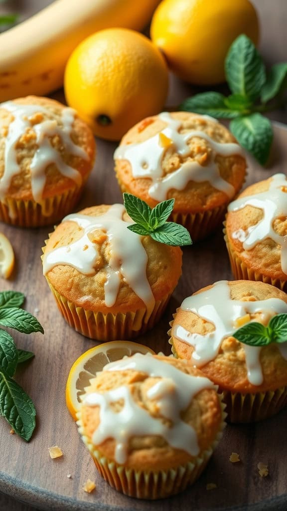 Delicious lemon banana muffins topped with icing, surrounded by fresh lemons and mint leaves.