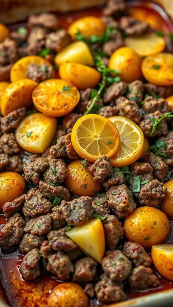 Lemon Garlic Beef and Potato Bake with ground beef, yellow potatoes, and lemon slices