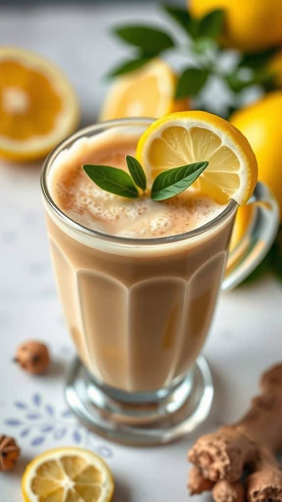 A glass of Lemon Ginger Chai Latte garnished with a lemon slice and green leaves, surrounded by fresh lemons and ginger.