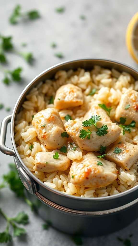 Lemon herb chicken served over rice in a thermos