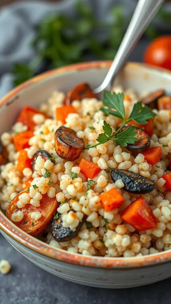 A bowl of lemon herb couscous topped with colorful roasted vegetables, featuring diced carrots and tomatoes.