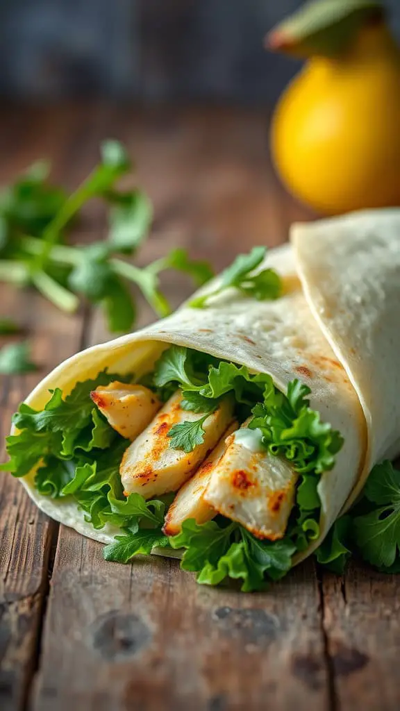 Lemon Herb Grilled Chicken Wrap with greens and grilled chicken in a tortilla