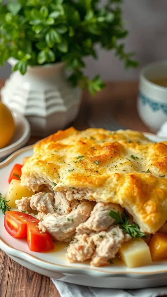 A delicious Lemon Herb Turkey Casserole served with tomatoes and potatoes, garnished with herbs.