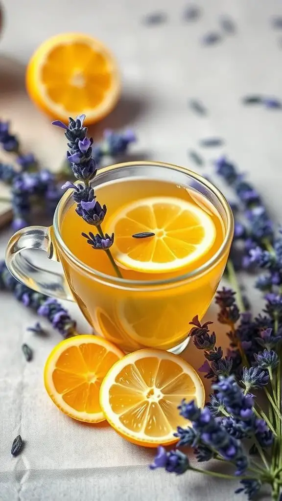 A refreshing lemon lavender drink with lemon slices and lavender flowers