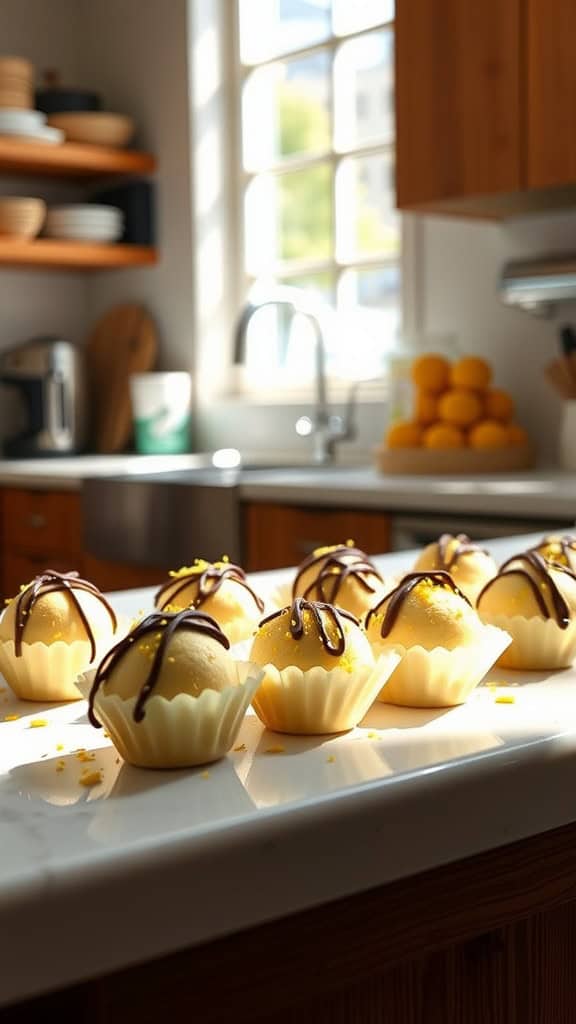 Lemon zest dark chocolate bites displayed on a kitchen counter with natural light