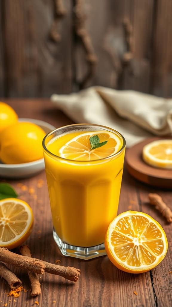 A glass of lemon zest turmeric milk garnished with a lemon slice on a wooden table.