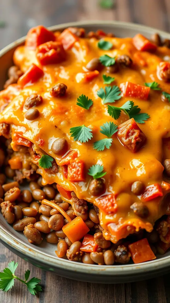 A close-up of a Lentil and Beef Enchilada Casserole topped with cheese, diced peppers, and cilantro, served with beans.