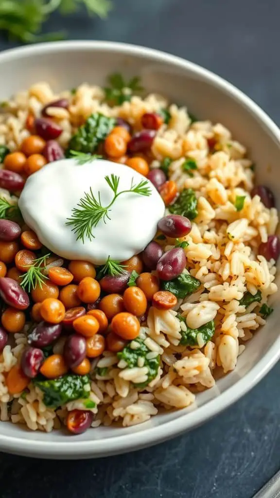 A vibrant bowl of lentil and spinach rice topped with yogurt and fresh herbs.