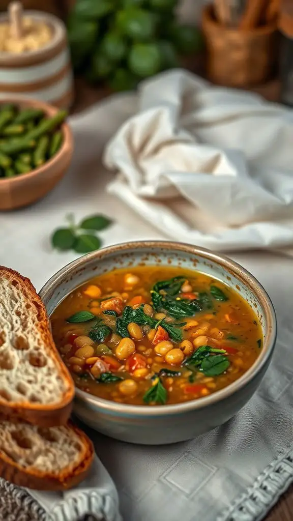 A bowl of lentil and spinach soup with slices of bread on the side, surrounded by fresh ingredients.