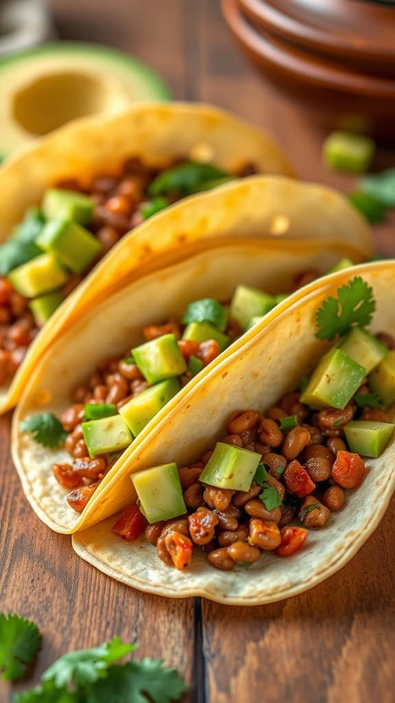 Three lentil tacos topped with diced avocado and cilantro on a wooden table.