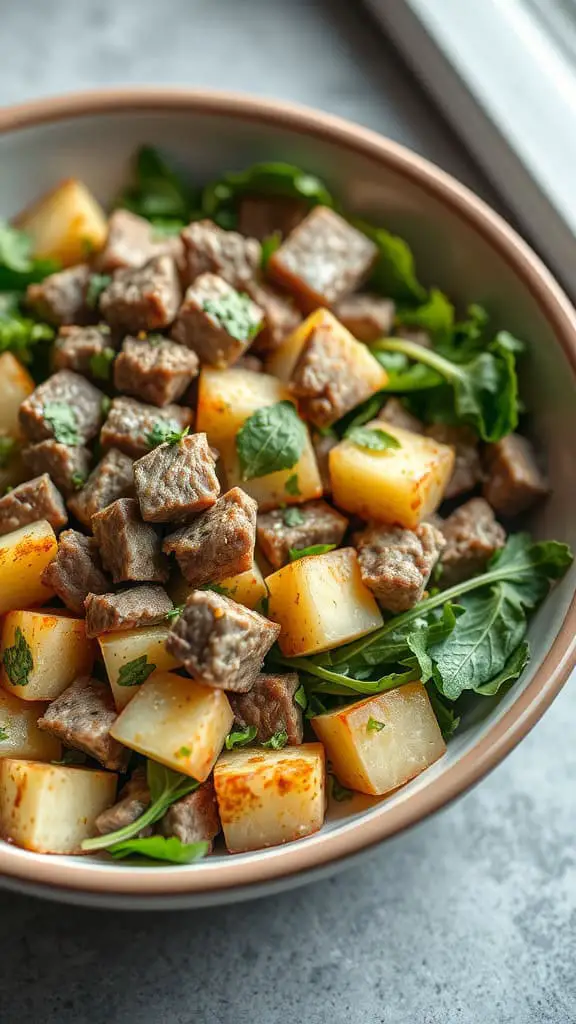 A bowl of low-calorie beef and potato salad with fresh greens